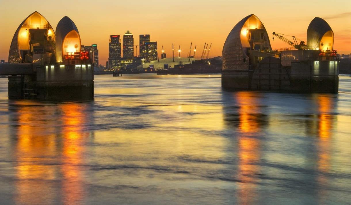 The Thames Barrier in Greenwich at Sunset